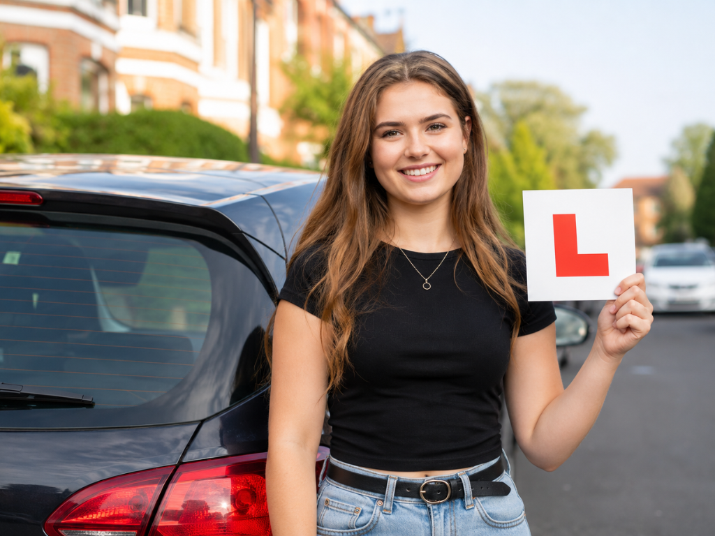 learner holding up red learner L plate sign