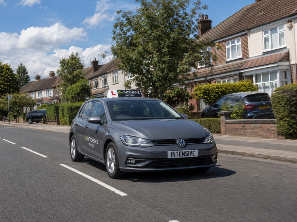 Go Intensive Sheffield learner Volkswagen Golf driving along a sunny UK suburban street.