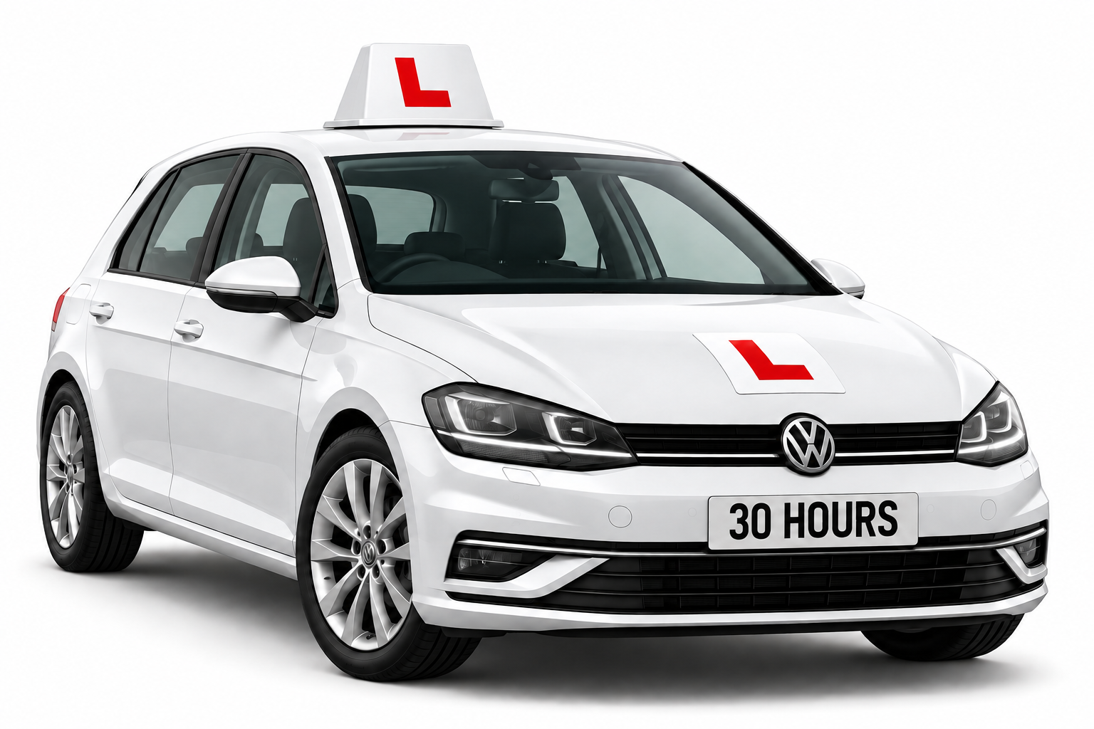 White learner car with red L plates and 30 Hours course number plate on a white background