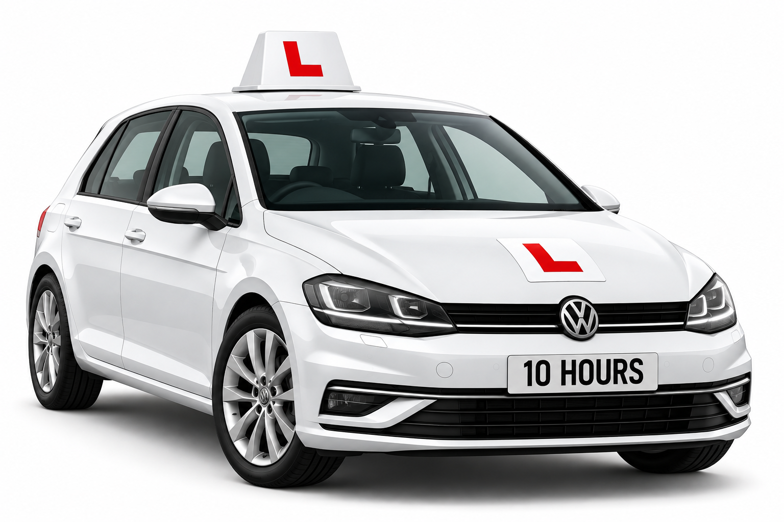 White learner car with red L plates and 10 Hours course number plate on a white background