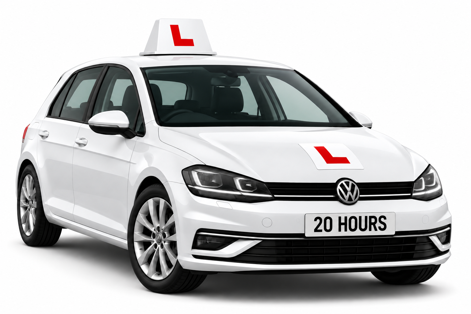 White learner car with red L plates and 20 Hours course number plate on a white background