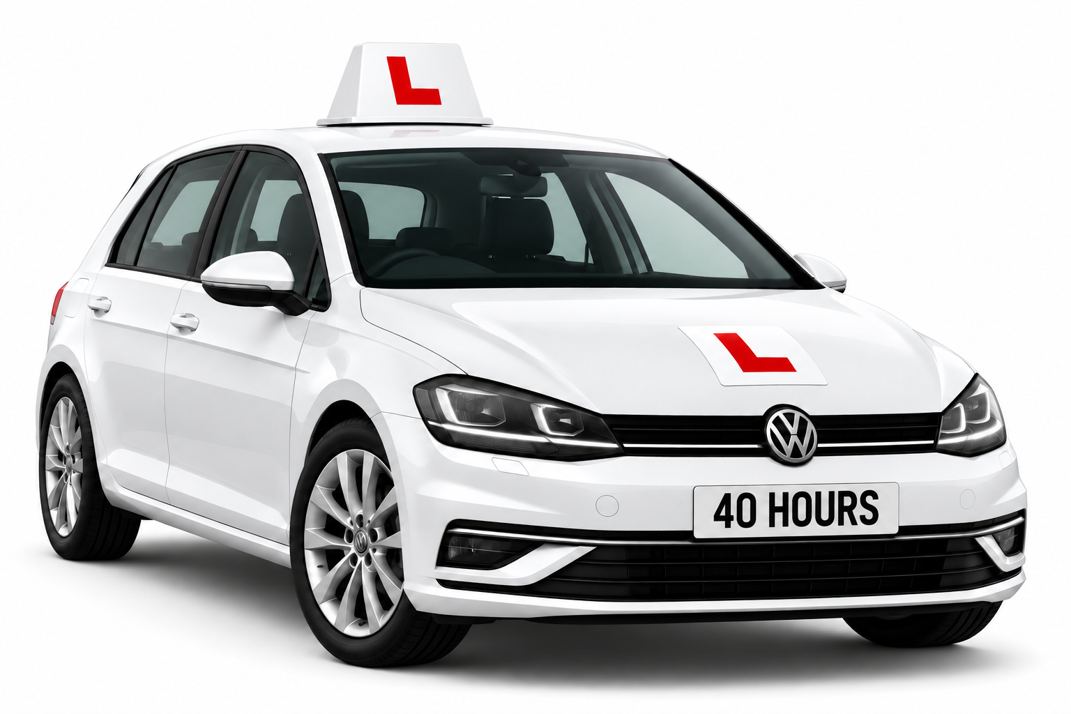 White learner car with red L plates and 40 Hours course number plate on a white background