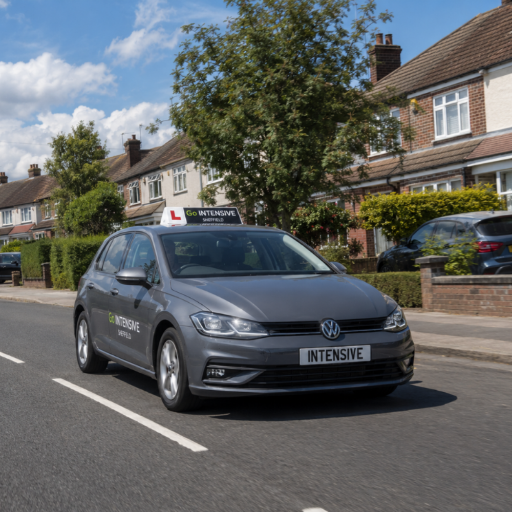 Go Intensive Sheffield learner Volkswagen Golf driving along a sunny UK suburban street.
